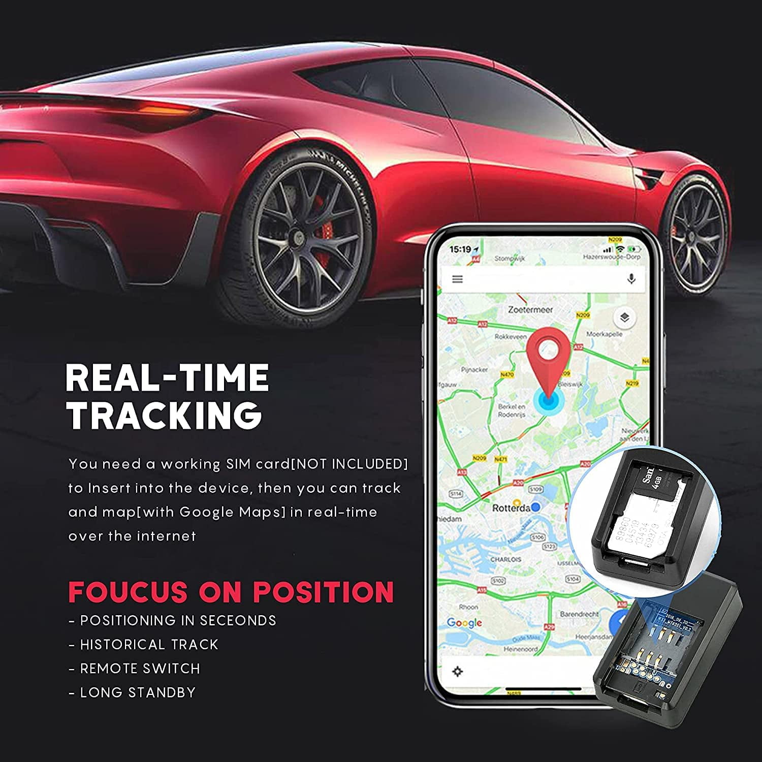 GPS Tracker for Vehicles, Mini GPS Real Time Car Locator, Full USA Coverage, No Monthly Fee, Long Standby GSM SIM GPS Tracker for Vehicle/Car/Person , Black