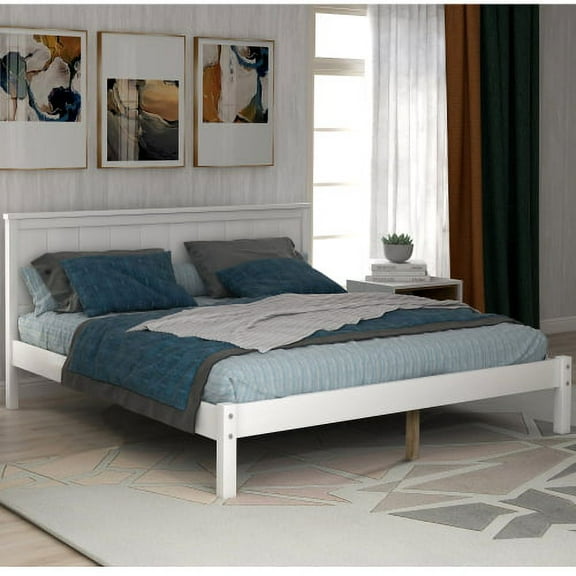 Full Size Platform Bed, Wood Bed Frame with Headboard and Strong Slat Support, No Box Spring Needed, White