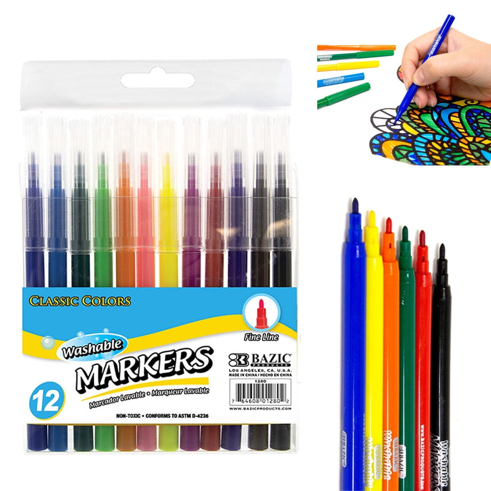 12Pc Washable Markers Fine Line Classic Colors Assorted Art School Supplies Kids