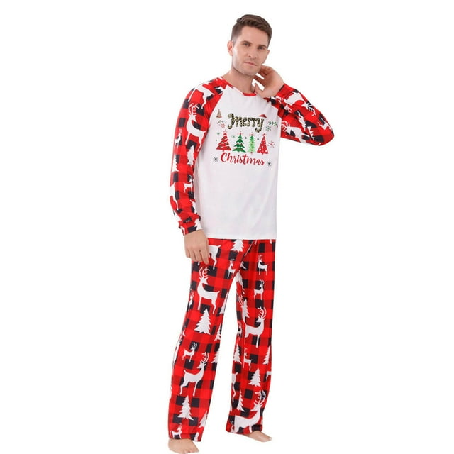 HAiming Ensembles de Pyjamas de Noël pour la Famille Arbre à Carreaux Confortables Manches Longues Col Rond Tenues de Festival Imprimées pour Fête