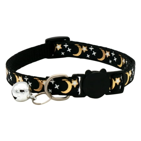 Adjustable Red Cat Collar with Moon and Star Design, Safety Breakaway Buckle and Bell, Reflective for Night Visibility