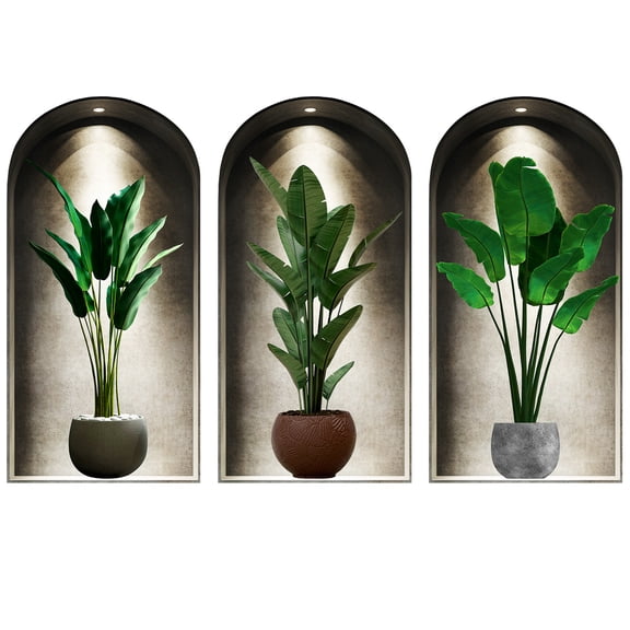 3 Pcs Set Arch Wall Decals 11.8" x 23.6" Peel and Stick Green Potted Plant Vinyl Wall Stickers Removable Home Decor Art Wallpaper for Bedroom Living Room Office