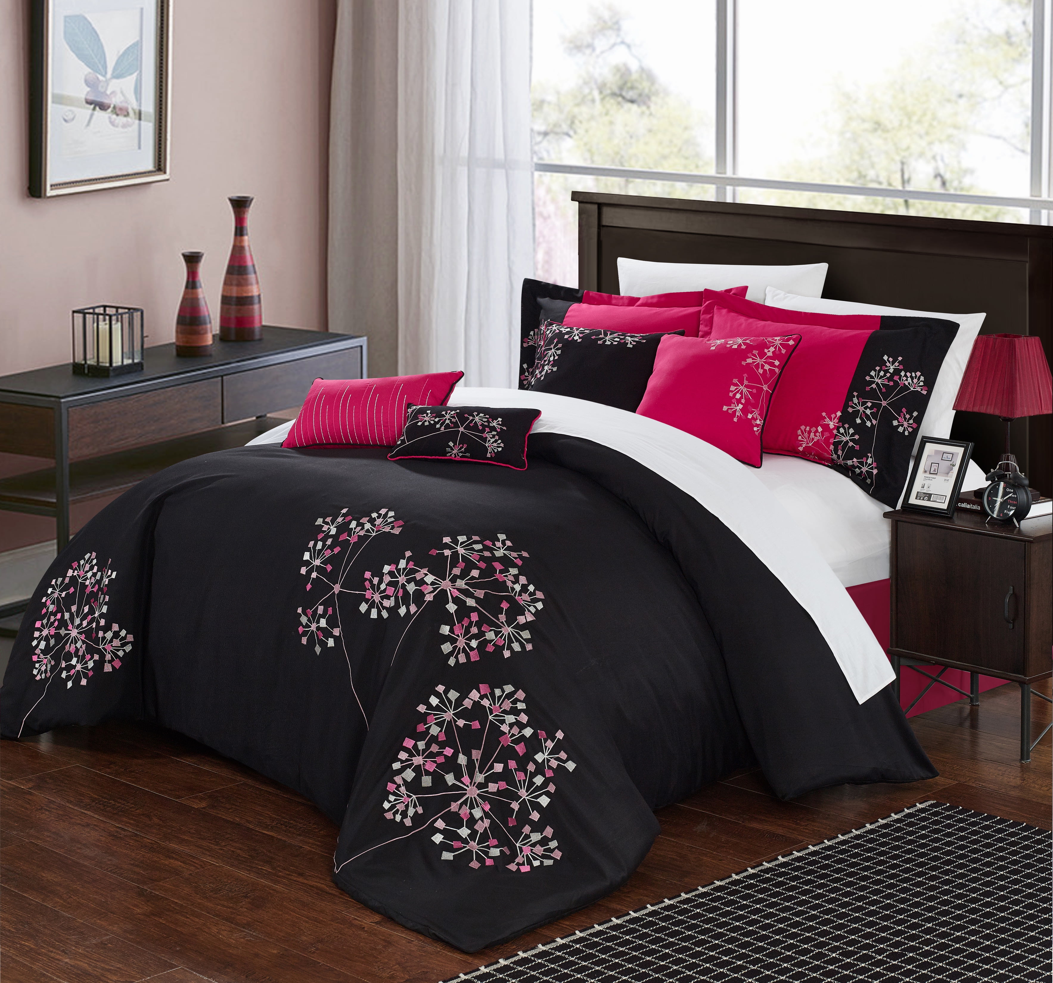 King Chic Home 8-Piece Embroidered Comforter Set Complete Embroidery Pattern Bag with Bed Skirt and Decorative Pillows Shams Floral Black White
