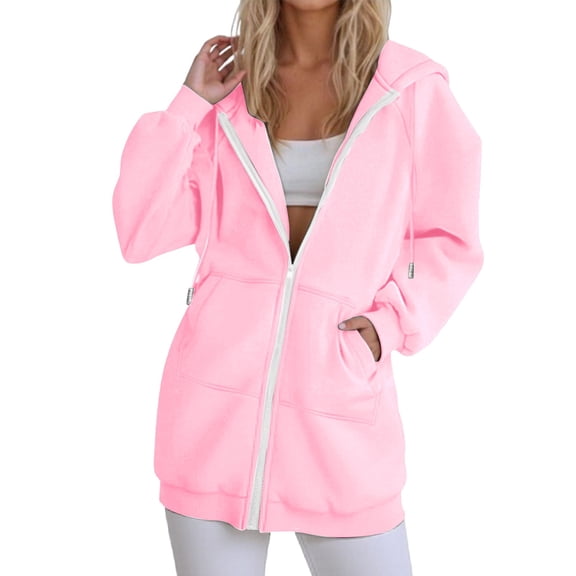 Women's Hooded Longline Zip-Up Cardigan, Longline Hooded Zip-Up Cardigan with Pockets Sweat Jackets for Women Sweatshirt for Women Casual Hooded Winter Longline Cardigan, Pink L