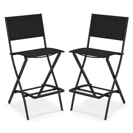 Gymax Folding Bar Stools Set of 2 Patio Sling Chairs w/ Backrest Humanized Footrest Black