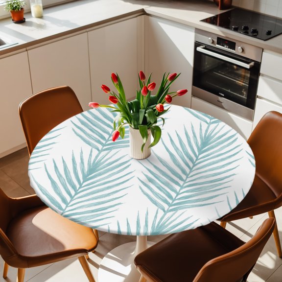 Round Fitted Tablecloth with Elastic Edge, Summer Blue Palm Leaves Seamless Fitted Table Cloth for Round Tables 36-44in, Tropical Leaf Waterproof Tablecloth for Outdoor Picnic Party
