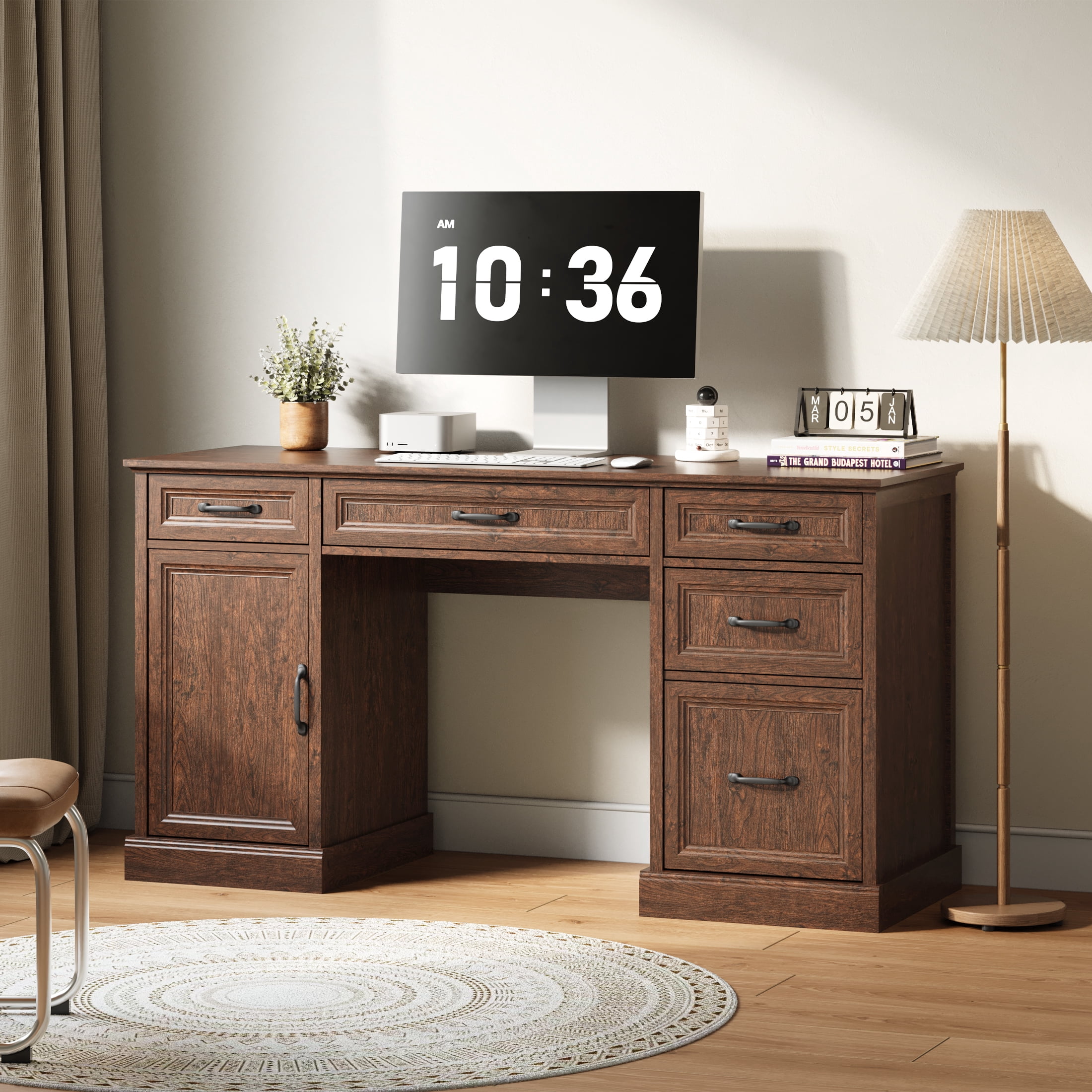 YouTrend 58'' Farmhouse Executive Desk,Wood Home Office Computer Desk with 5 Drawers and Storage Cabinet for Work Study Writing,Brown