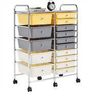 Smile Mart 15 Drawers Rolling Storage Bin with Metal Frame & Lockable Wheels, Yellow/Grey/Beige