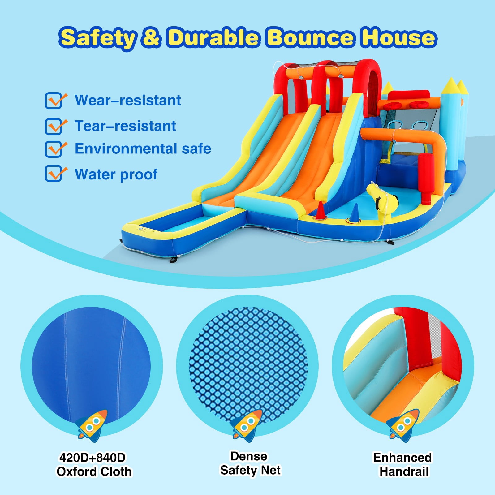 JOYLDIAS Inflatable Bounce House Double Water Slides Castle with Water Guns, Splash Pool, Trampoline, Climbing Wall, Ring Toss, Felt Ball Target, Air Blower