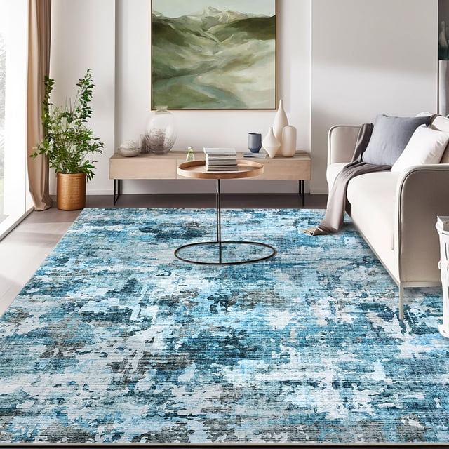 5x7 Ft Washable Area Rug - Boho Abstract Carpet - Non Slip Backing Ultra Thin Low Pile Design - Soft Floor Rug for Living Room Bedroom Dining Room Office - Collapsible Durable - Blue