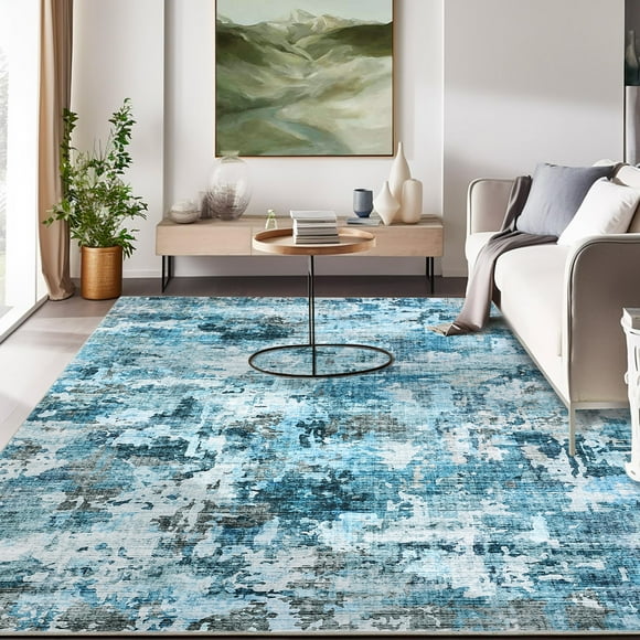 Tapis 6x9 Lavable - Tapis Bohème Abstrait - Tapis de Sol Antidérapant Ultra Mince à Poils Courts - Surface Douce pour Salon Chambre Salle à Manger Bureau - Ne Perd Pas Ses Fibres Pliable - Bleu