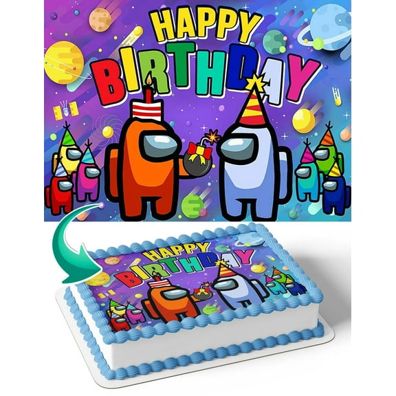 Among Us Birthday Party Edible Image Cake Topper Personalized Birthday Sheet Decal Banner 1/4 Sheet