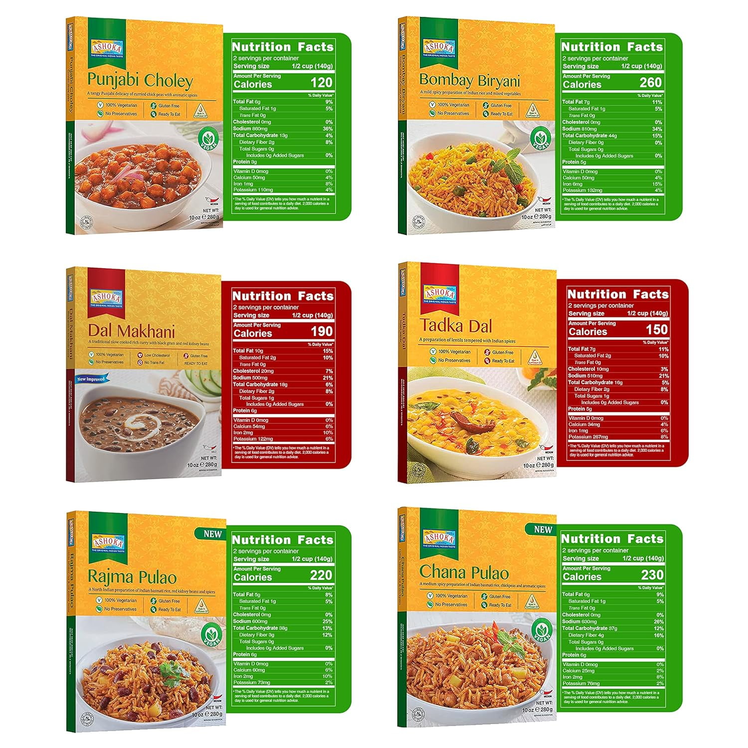 Ashoka Traditional Indian Meals 1932, Vegetarian Beans 'n Rice Meal Kit, Kosher Certified, All-Natural Variety Pack, Portable Heat & Serve Meals, Great for the Outdoors, No Preservatives, Pack of 9