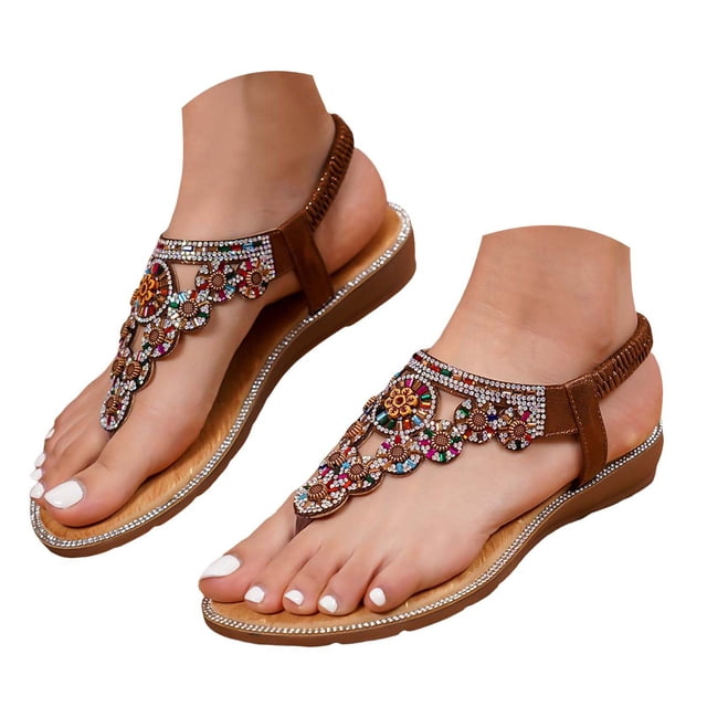 IUJSOY Flip Flops for Women Bohemian Rhinestone Gladiator Sandals Elastic Ankle Strap Flats Shoes