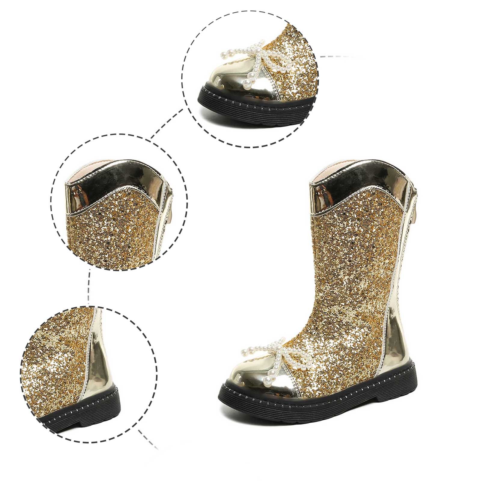CXYYY Gold Sparkly Leather Boots for Girls Winter Trendy Bow Mid