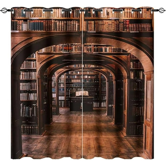 Vintage Library Book Blackout Curtains For Home Decor, Many Old Books On Bookshelf In Library Grommet Drapes Darkening Window Curtain For Living Room Bedroom Decor 42"W x 84"L (Pack of 2)
