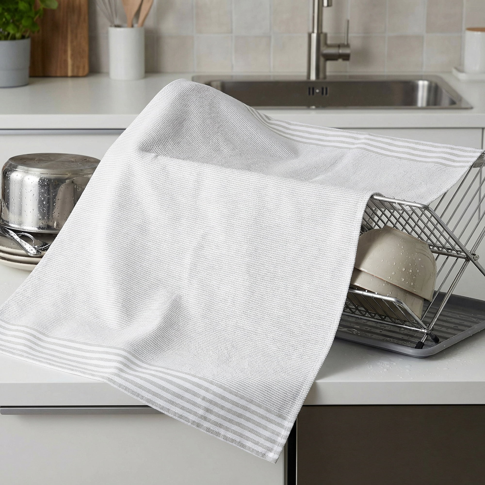 Unique Bargains 100% Cotton Striped Kitchen Towels Khaki 26" x 18"