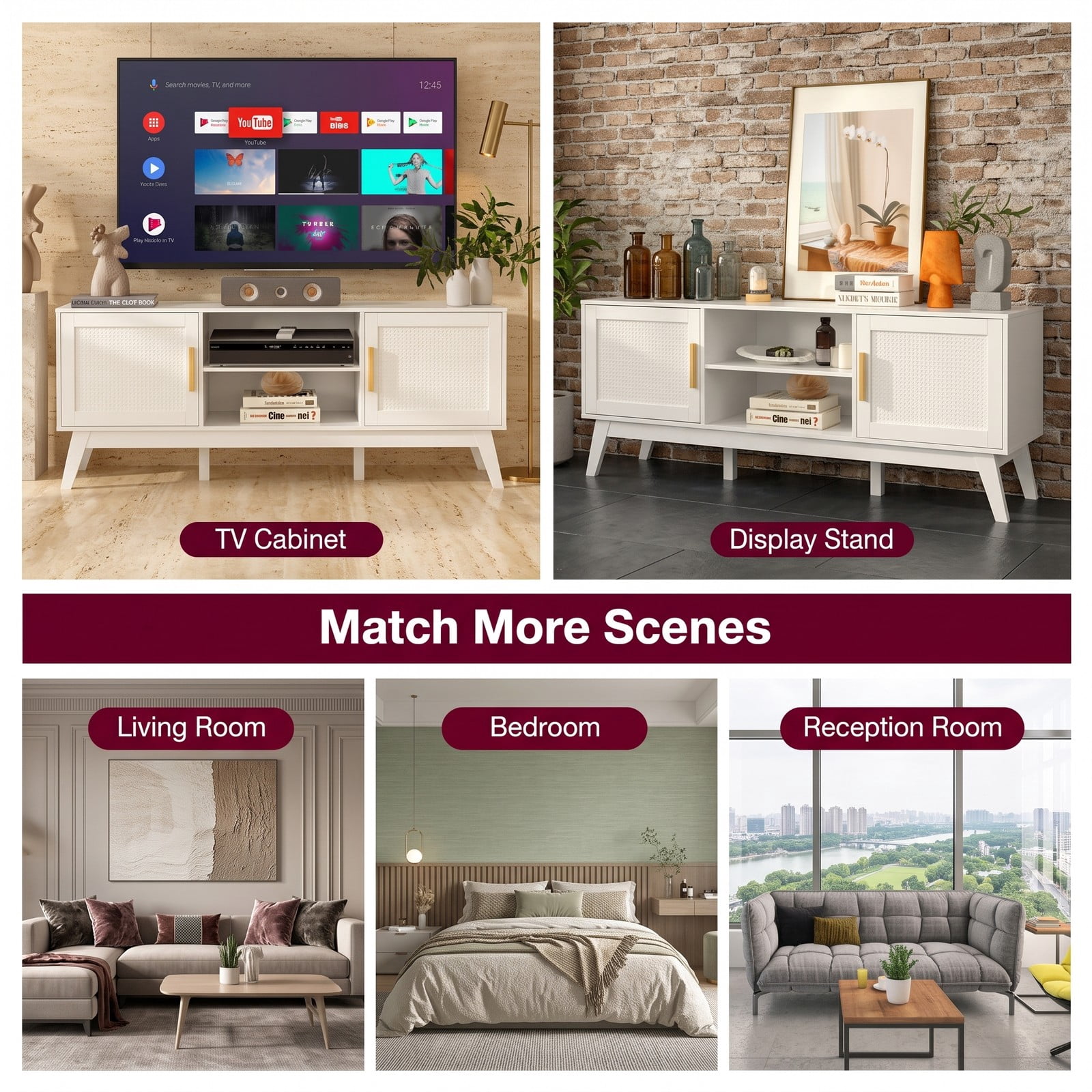 Furnibear TV Stand Entertainment Center Media Console with 2 Rattan Door Cabinets and Open Shelves for TVs up to 65 Inch, Living Room Bedroom Storage Console, White