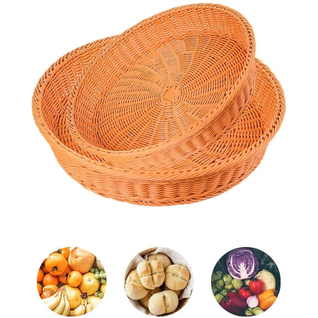 Cesta de Frutas de Ratán Sintético, Qiundar Cesta de Almacenamiento de 2 Piezas Cesta Tejida de Ratán Cesta de Almacenamiento de Pan de Frutas para Mesa de Cocina Cafeterías (25 * 7 cm, 30 * 7 cm)