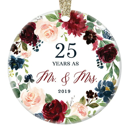 2019 Christmas Ornament Milestone 25th Wedding Anniversary Gift Mr. & Mrs. Couple Married Twenty-Five 25 Years Beautiful Ceramic Holiday Keepsake Present Porcelain 3