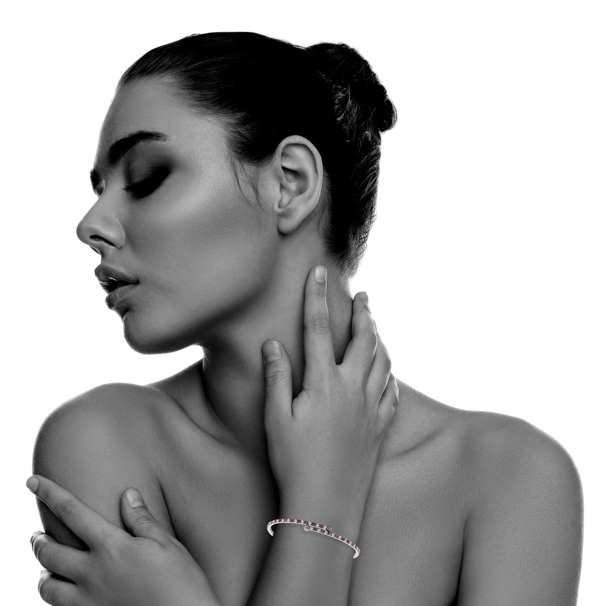 X & O Black Rhodium Plated Crystal Single Row Flex Bangle in Amethyst and White Crystal Combination