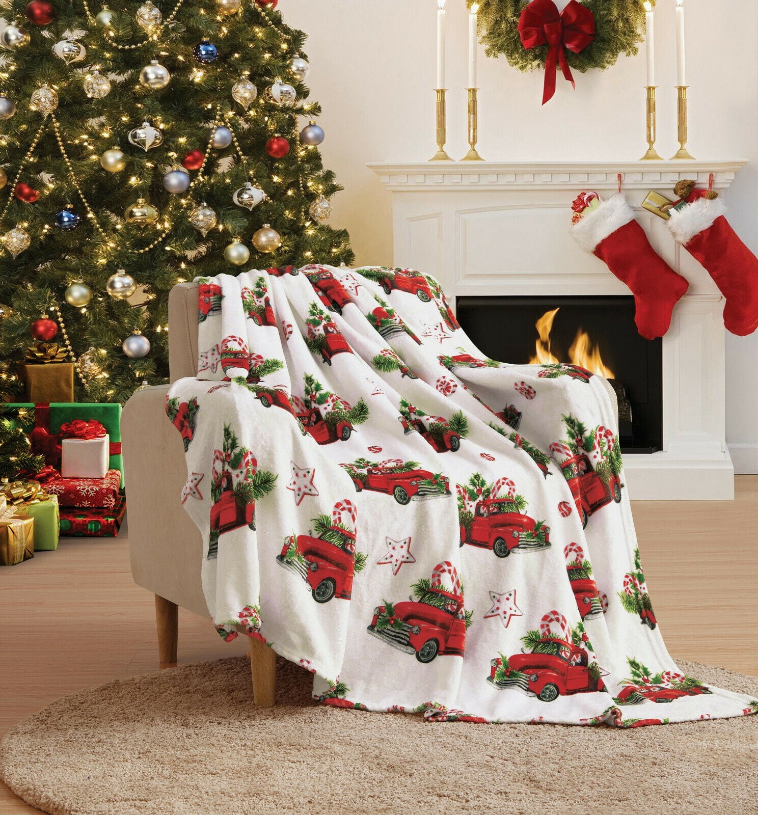 Kate Aurora Red Holiday Pickup Trucks & Christmas Trees Ultra Soft Throw Blanket