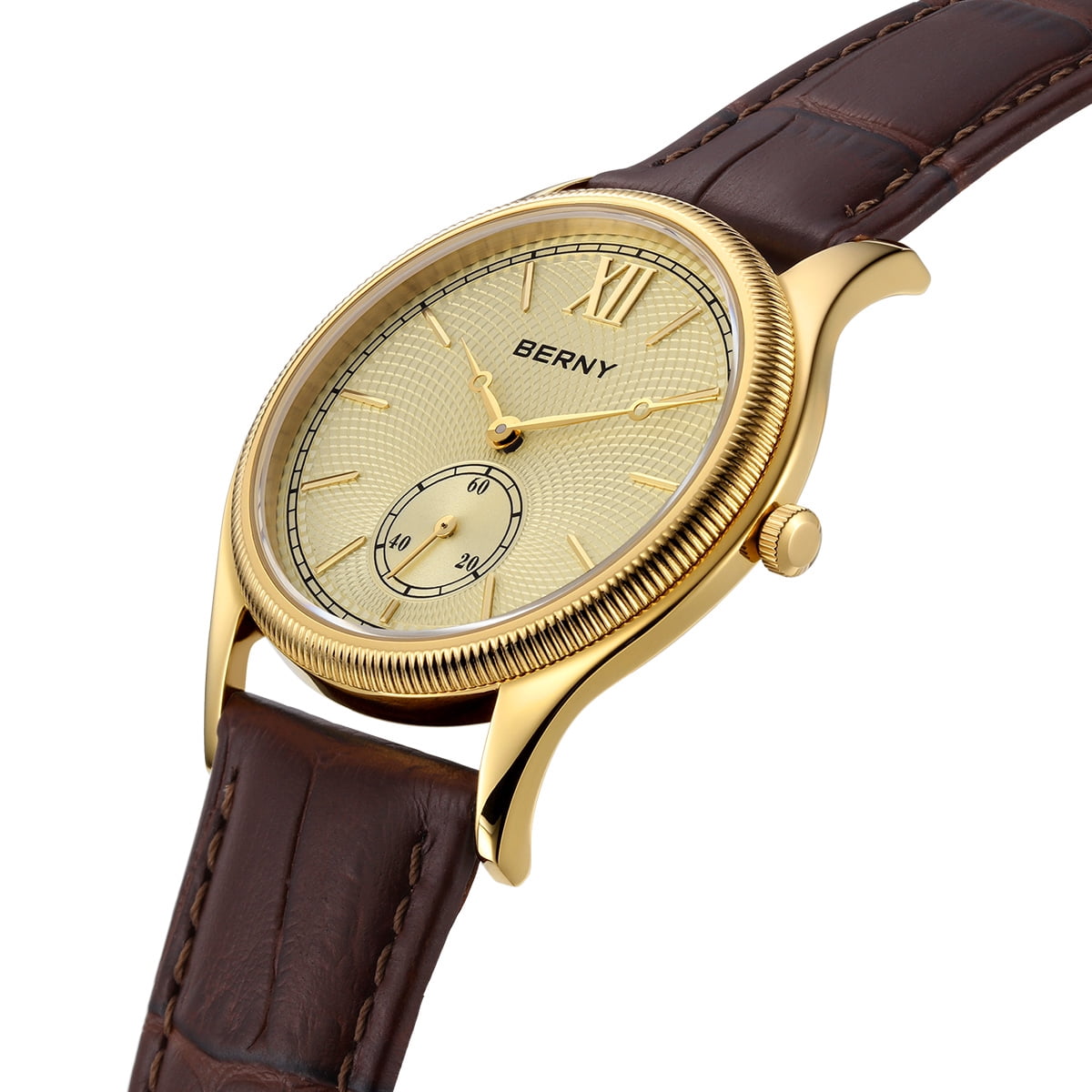 BERNY Watches for Men, Ultra-Thin Minimalist Leather Watch, Stainless Steel Case, Waterproof Analog Quartz Watch, Business Dress Watches with Small Seconds (Gold)