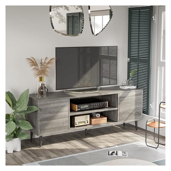 TV Stand for 65 Inch TV, Century Modern TV Stand, Entertainment Center with Storage Cabinet and Open Shelves, TV Console Table Media Cabinet for Living Room, and Bedroom (Gray)