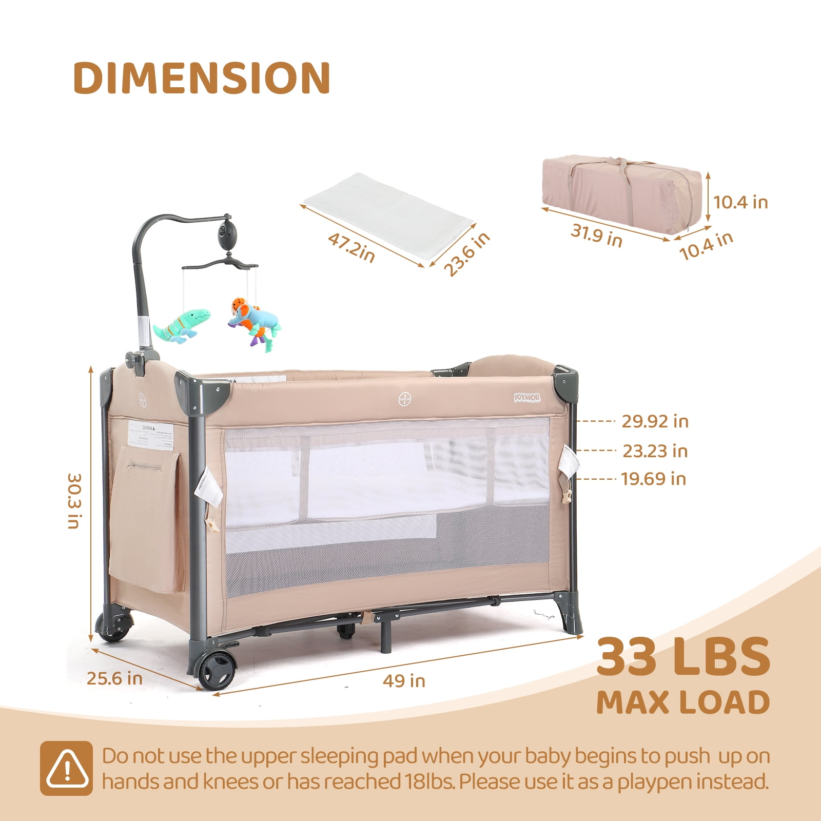 JOYMOR Beige Bedside Bassinet Co-Sleeper, Baby Bassinet Travel Crib for Boys Girls, Infant