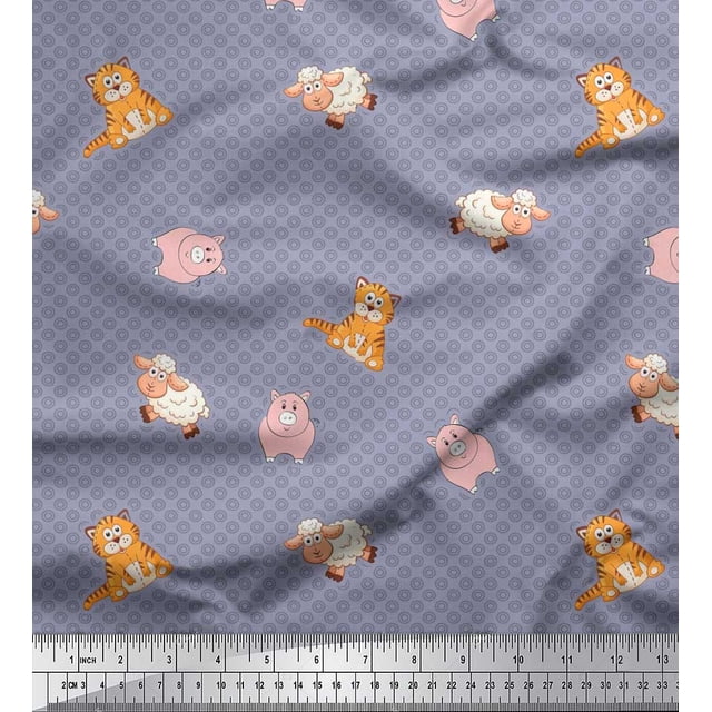 Soimoi Poly Georgette Fabric Circle,Pig & Sheep Kids Print Fabric by Yard 52 Inch Wide