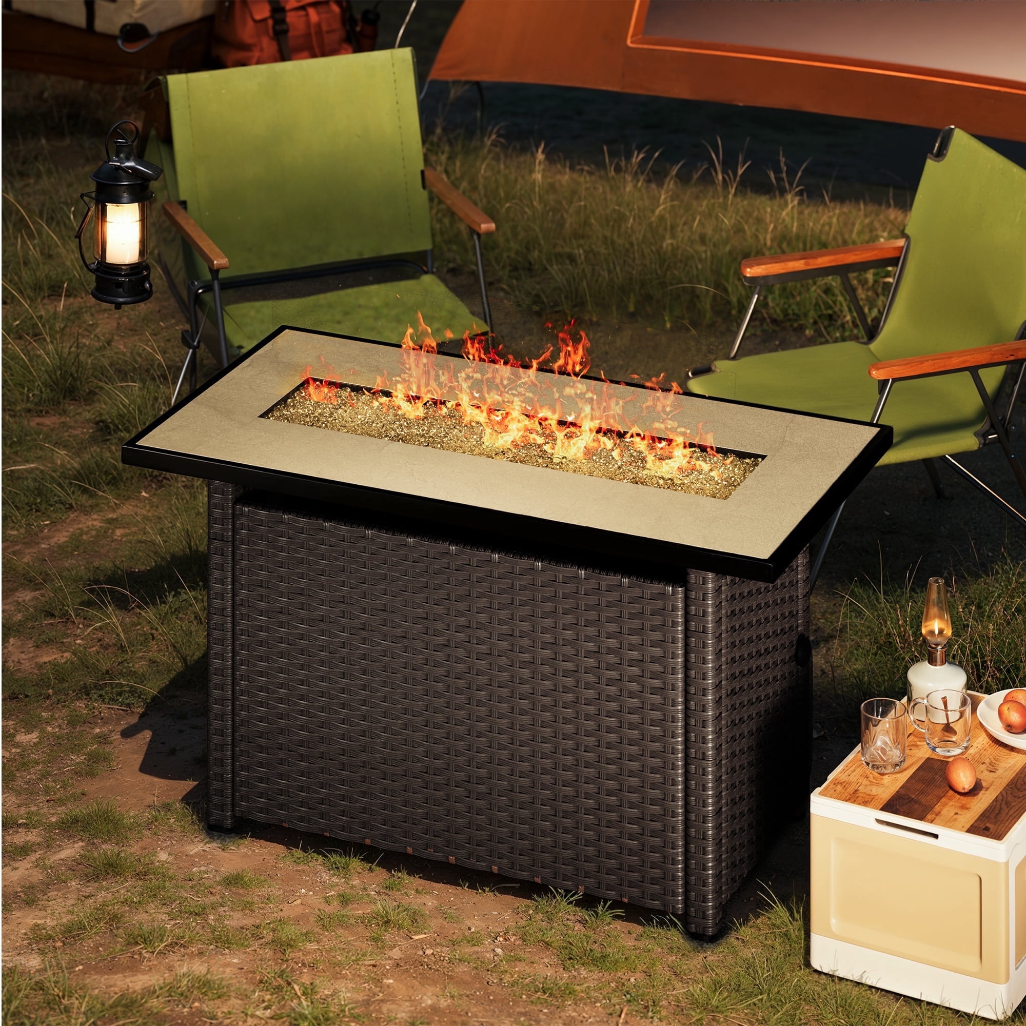 Outdoor Fire Pit Table with Waterproof Cover and Glass Rock, Lofka 45" Rattan 50000 BTU Gas Fire Pit with Lit for Outside, Black