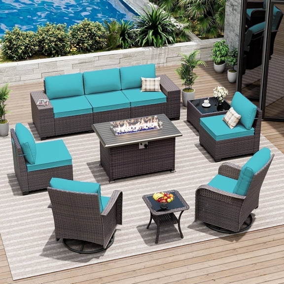 ASJMR 10 Pieces Wicker Patio Furniture Set With 43" Gas Fire Pit Table & 2 Swivel Chairs,Outdoor Rattan Sectional Sofa Conversation Set With Cushions & Tables,Green