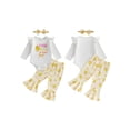 thumbnail image 2 of BemeyourBBs Infant Baby Girls Easter Chick Outfits Cute Girls Spring Clothes Long Sleeve Letter Print Romper Chicken Print Flared Pants Sets Headband Newbron Coming Home Outfit, 2 of 9
