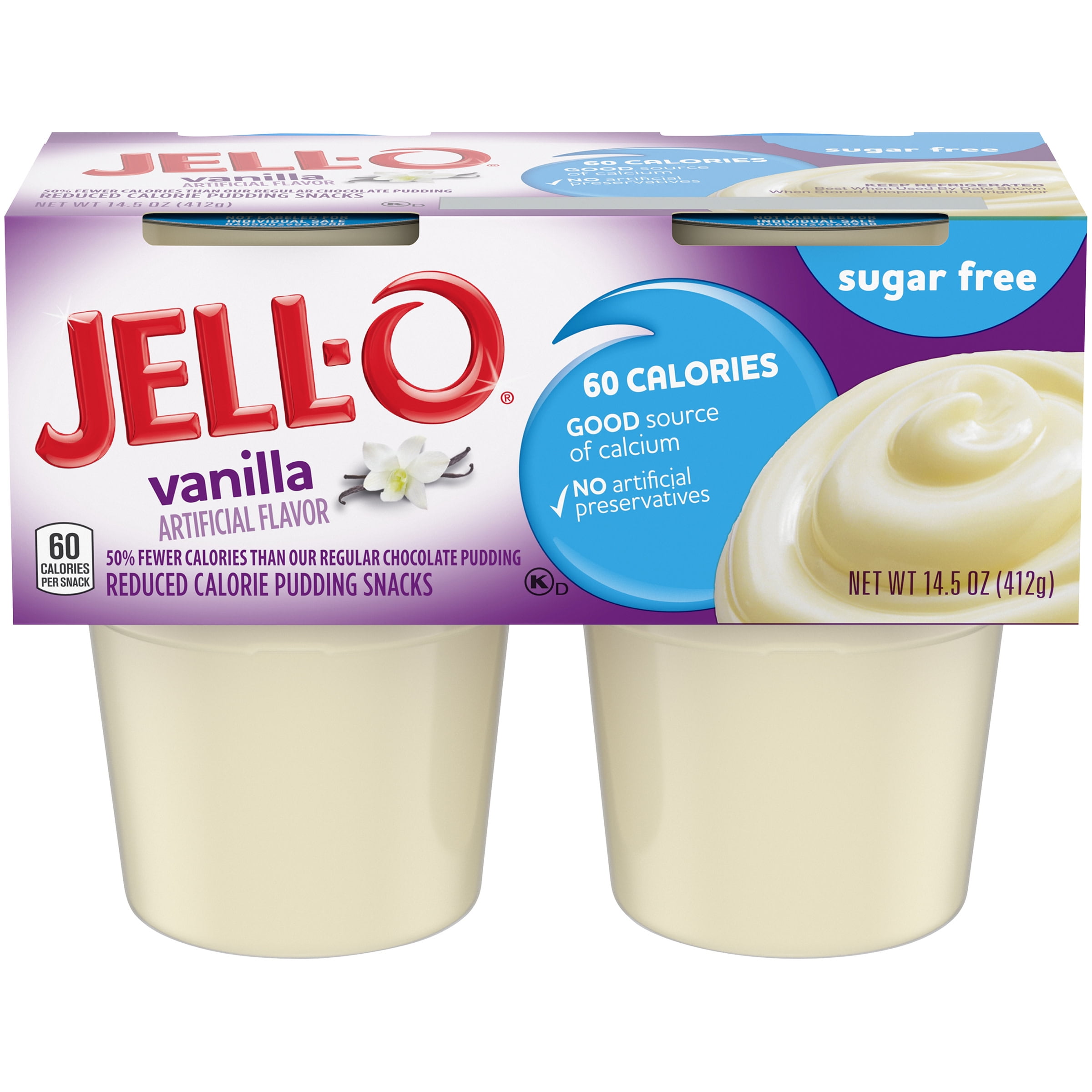 Jell-O Vanilla Sugar Free Ready-to-Eat Pudding Snacks, 4 ct Cups