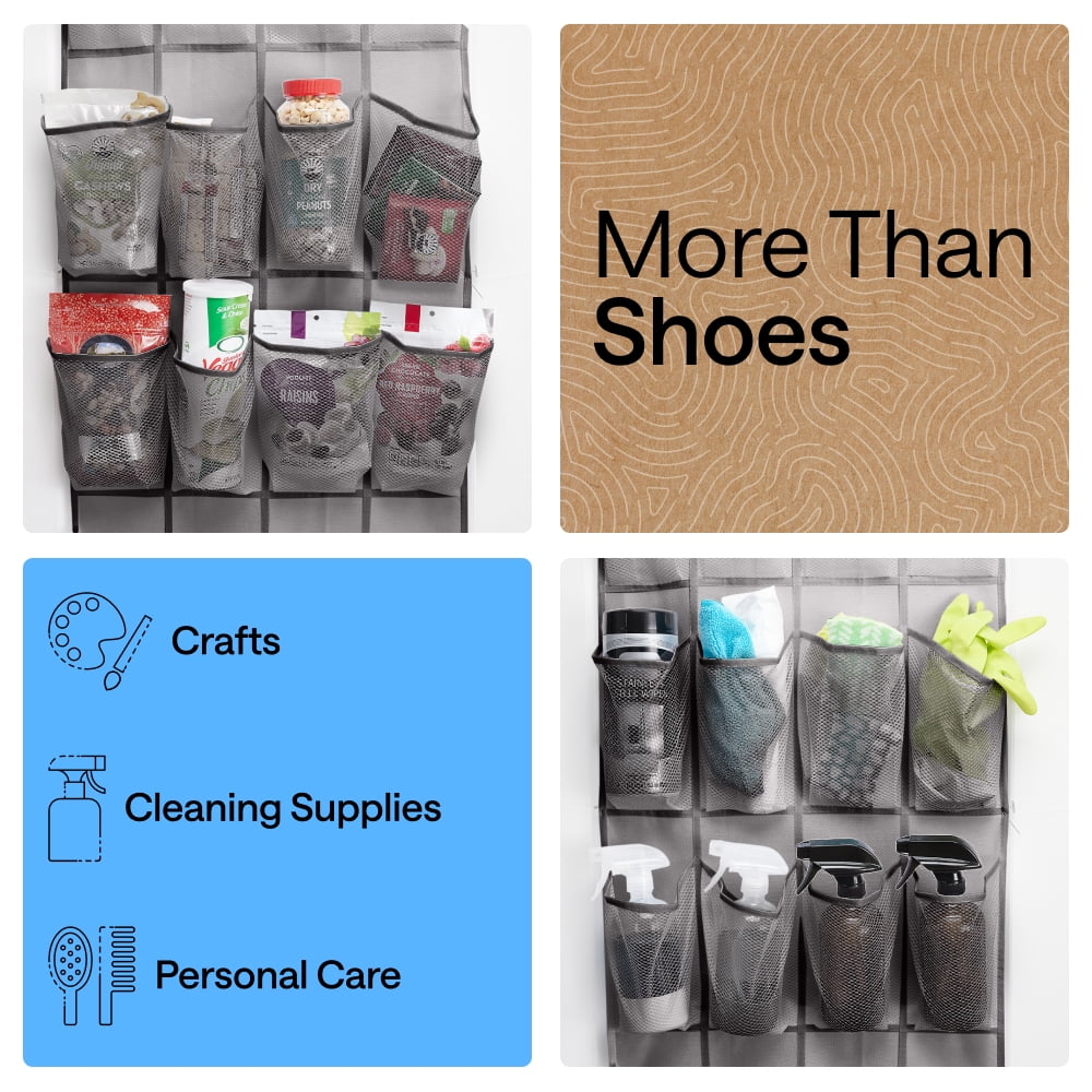 GORILLA GRIP 24 Pocket Over the Door Shoe Organizer, Mesh Pockets, Up to 40 Pounds, Hang on Doors, Gray Dark Gray Trim