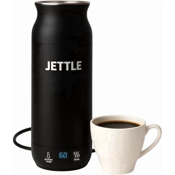 Jettle Travel Electric Kettle 450ml - Portable Bottle-Style Water Heater with Temperature Control & Auto Shut-Off - Stainless Steel for Tea, Coffee & Soup - Black