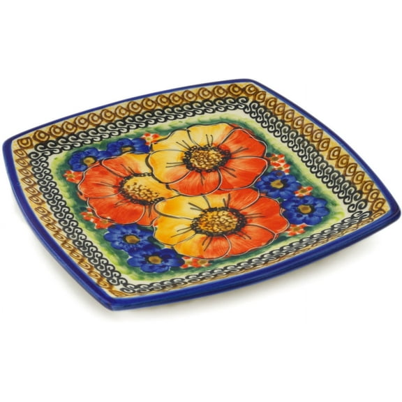 Polish Pottery 5½-inch Square Plate (Bright Beauty Theme) Signature UNIKAT Hand Painted in Boleslawiec, Poland Certificate of Authenticity