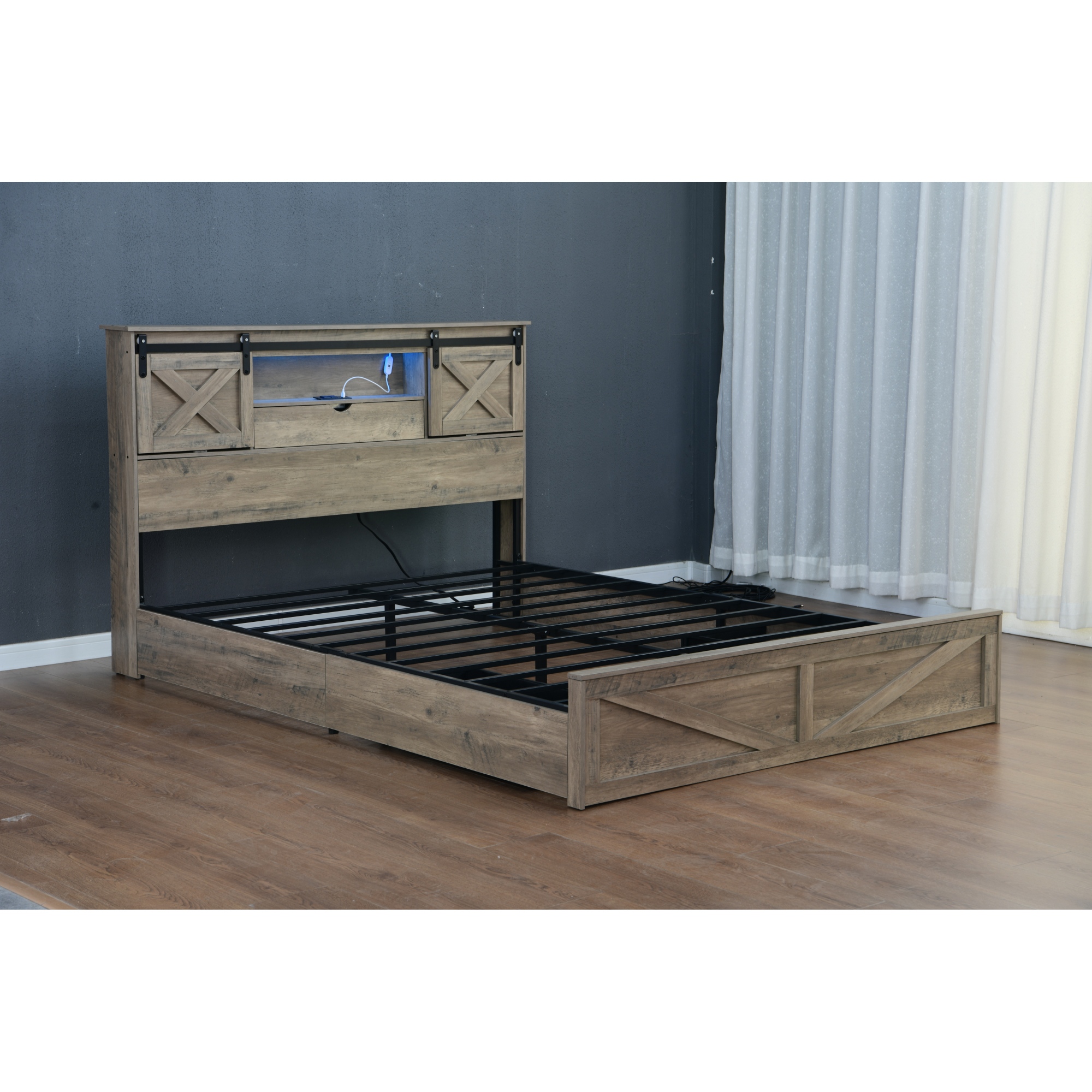 Jopath Queen Size Farmhouse Bed Frame with LED Lights and Charging Station, Wooden Queen Bed with 2 Storage Drawers, Rustic Headboard with Sliding Barn Door Storage Cabinets for Teens Adult