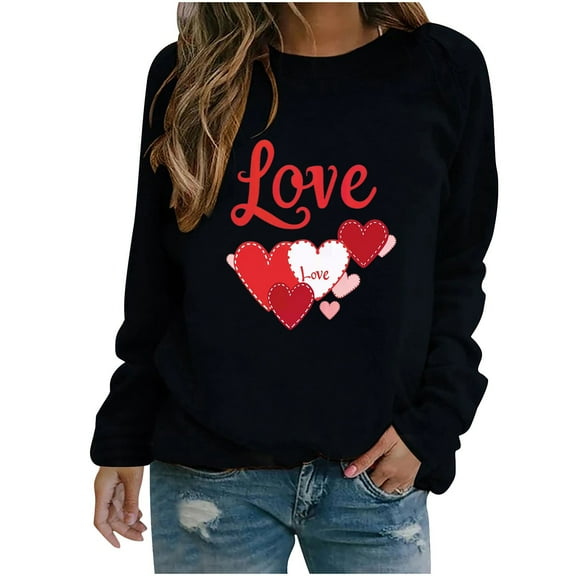 Valentine's Day Cute Tops Womens Love Heart Print Sweatshirts Holiday Crewneck Long Sleeve Pullover
