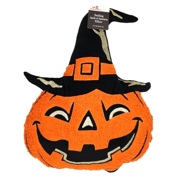 Smiling Jack-o'-Lantern Decorative Pillow, Black and Orange, 14.5", Halloween by Way To Celebrate