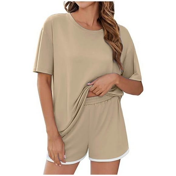 Vacation Pajamas for Women Set on Clearance Women's Loose Casual Two-Piece Suit Short Sleeve Tops and Shorts with Pocket Set New Khaki L