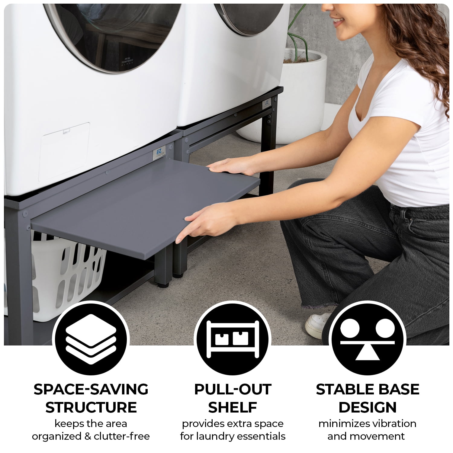 EZ Laundry Pedestal Steel 27" x 18" Base with Pull-Out Tray for Front Load Machines Gray