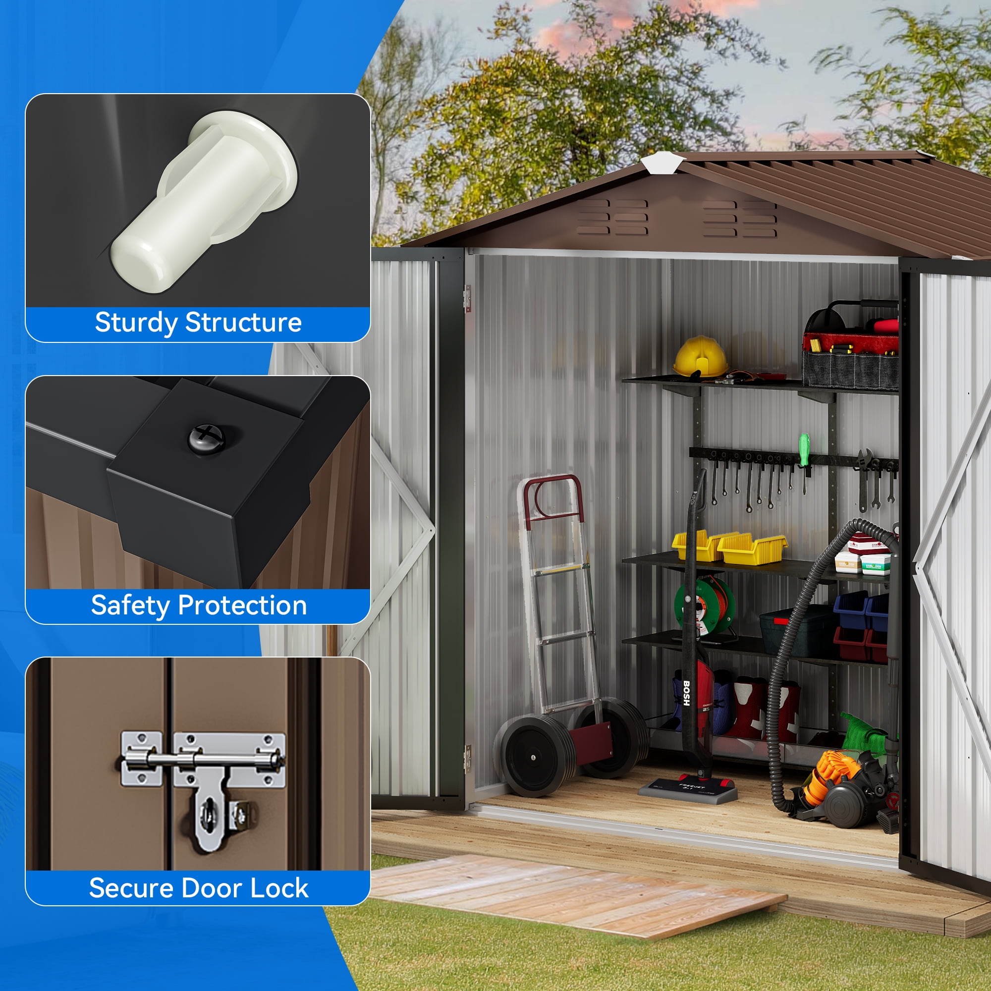 Dextrus Outdoor Storage Shed 6x4FT, Heavy Duty Metal Tool Sheds Storage House with Lockable Door & Air Vent for Garden, Patio, Lawn to Store Bikes, Trash Bins, Tools, Brown