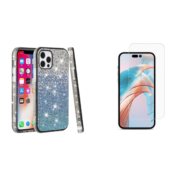 Bemz Sparkling Case for iPhone 15 Pro Max, Diamond Glitter Gem Bling Hybrid Protector Cute Women Girls Cover with Tempered Glass Screen Protector(Blue Silver Wave)