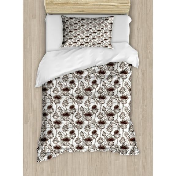 Thistle Twin Size Duvet Cover Set, National Symbol Scottish Thistle Silhouette Design with Repeating Pattern, Decorative 2 Piece Bedding Set with 1 Pillow Sham, Brown and White, by Ambesonne