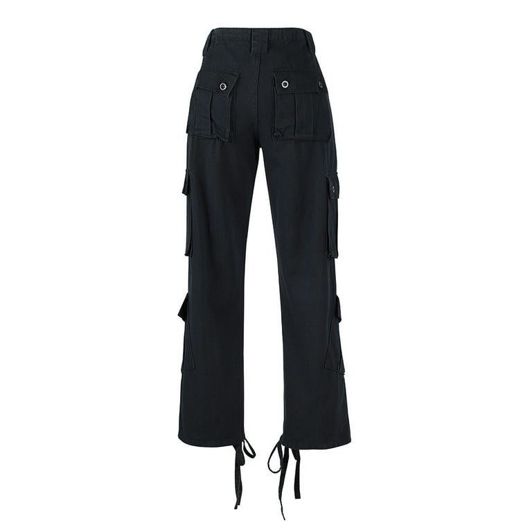 Darlingaga Streetwear Stripe Line Cargo Pants Women High Waist Jeans  Straight Black Pockets Denim Trousers Femal…