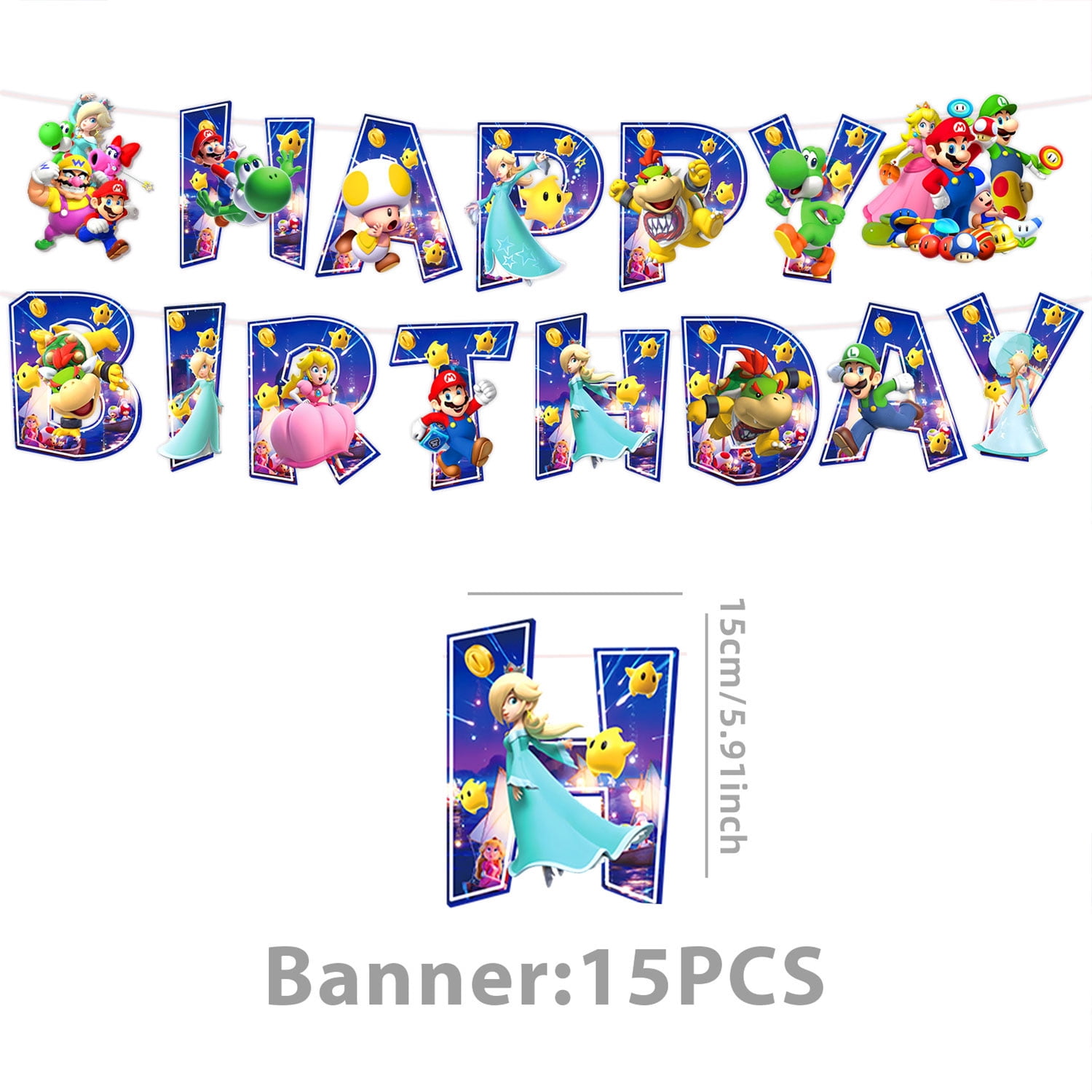 Mario Galaxy birthday party supplies and decorations set includes a birthday banner, backdrop, tablecloth, garlands, balloons, cake decorations, etc., suitable for both boys and girls.