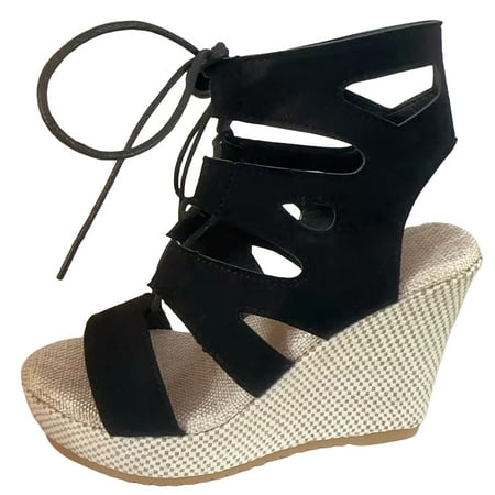 

Jungdeepe Ladies Casual Solid Colour Front Lace Up Fish Mouth Thick Bottom High Heel Big Size Roman Shoes Slope Heel Sandals Womens Platform Sandals Heels River Shoes Women Water Sparkly Sandals Woman