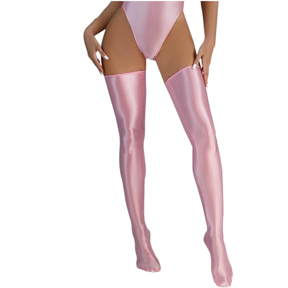 Yyuenw Glossy Thigh High Stockings for Women, Shiny Satin Footed Socks with Elastic Top Band, Dancing Stage Wear