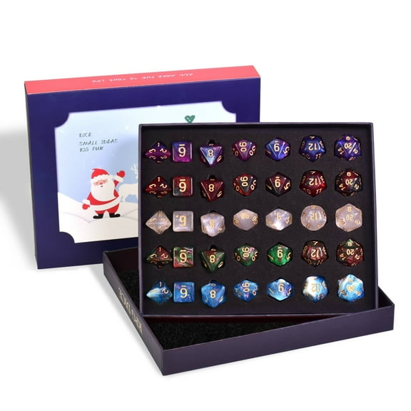 Cusdie 5 Sets/35PCS DND Dice Polyhedral Dice Set with 2 in 1 Xmas Box & Dice Tray, D&D Dice Set with Glitters for Dungeons and Dragons, RPG, MTG Table Games